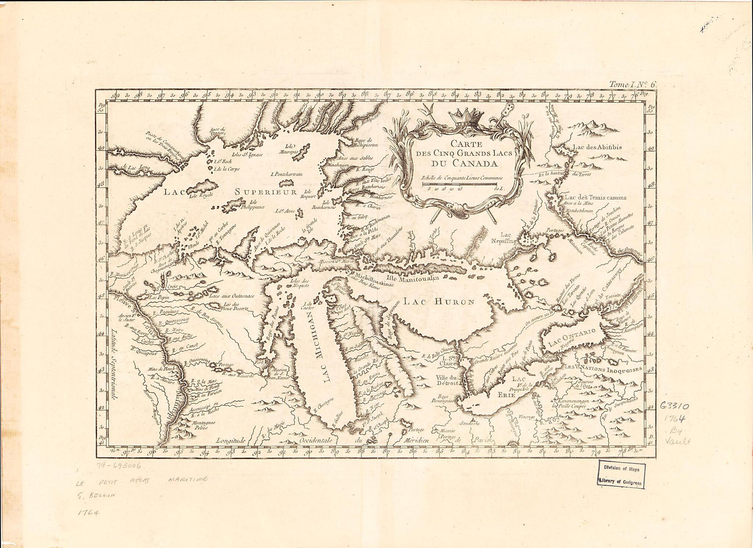 This old map of Carte Des Cinq Grands Lacs Du Canada from 1764 was created by Jacques Nicolas Bellin in 1764