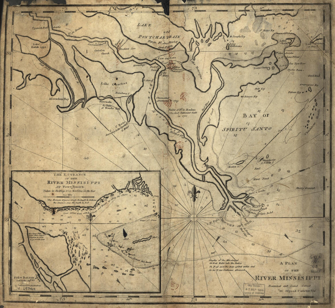 This old map of A Plan of the River Missisippi from 1770 was created by Osgood Carleton in 1770