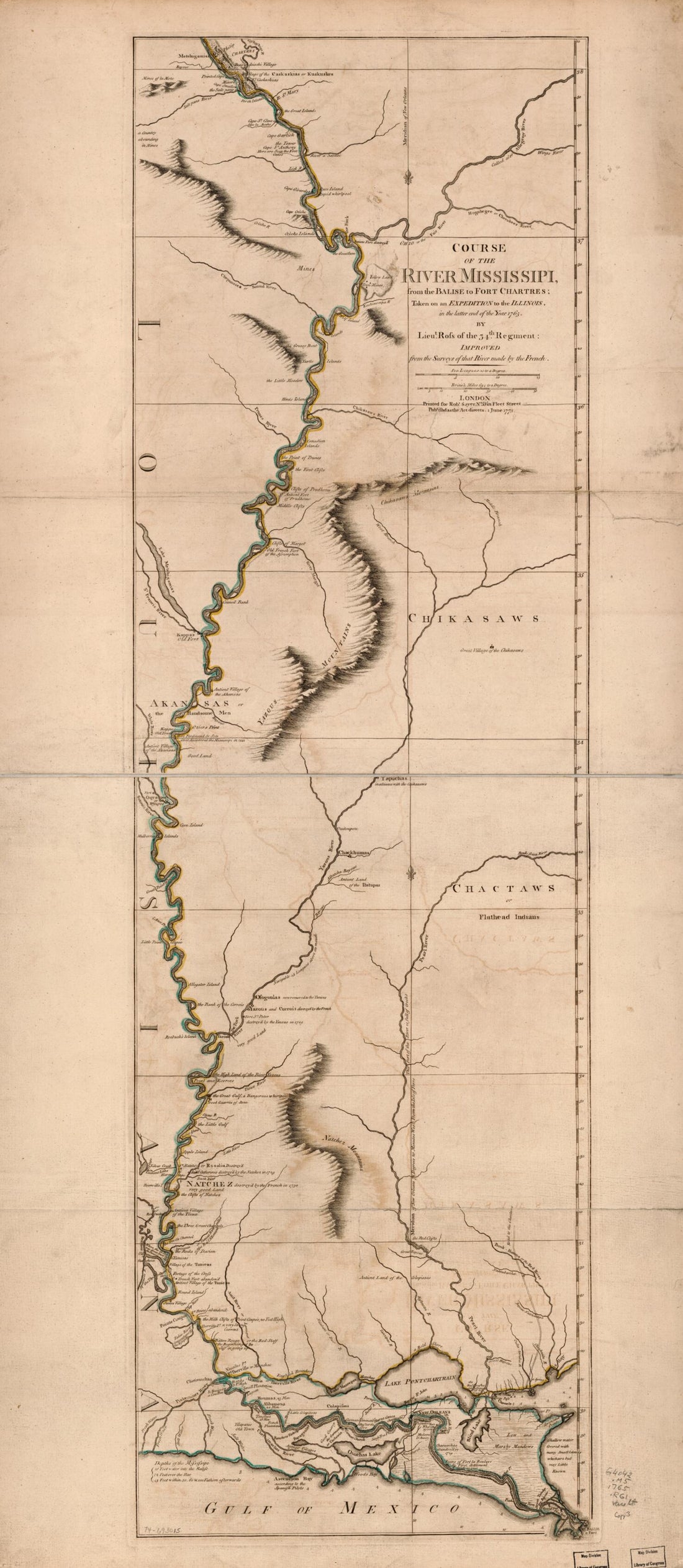 This old map of Course of the River Mississipi from the Balise to Fort Chartres; Taken On an Expedition to the Illinois, In the Latter End of the Year 1765 from 1780 was created by  Ross, Robert Sayer in 1780