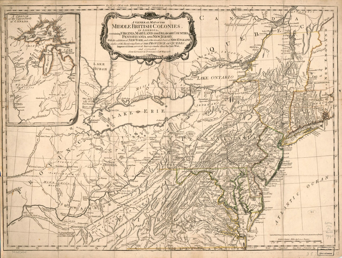 This old map of A General Map of the Middle British Colonies, In America. Containing Virginia, Maryland, the Delaware Counties, Pennsylvania and New Jersey. With the Addition of New York, and the Greatest Part of New England, As Also of the Bordering Par