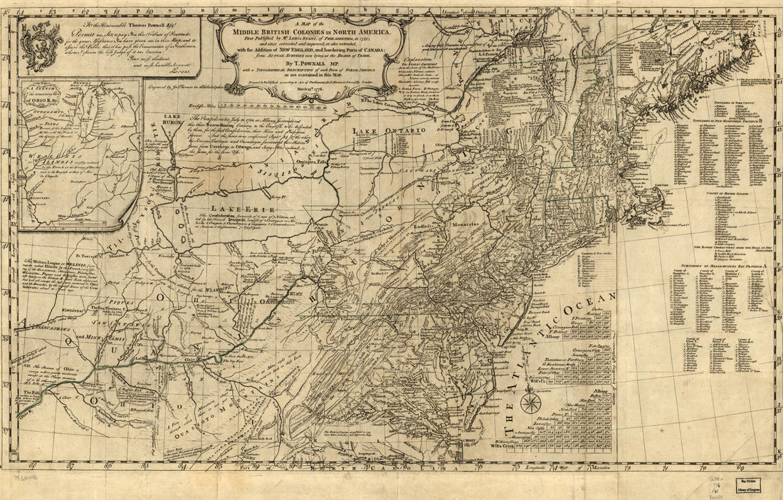 This old map of A Map of the Middle British Colonies In North America. First Published by Lewis Evans, of Philadelphia, In 1755; and Since Corrected and Improved, As Also Extended, With the Addition of New England, and Bordering Parts of Canada; from Act