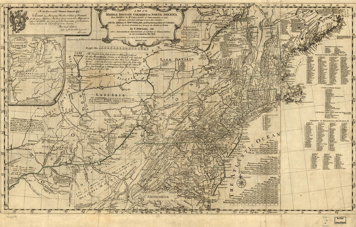 A Map of the Middle British Colonies In North America. First Published by Lewis Evans, of Philadelphia, In 1755; and Since Corrected and Improved, As Also Extended, With the Addition of New England, and Bordering Parts of Canada; From Actual Surveys N... by Relic Map Company