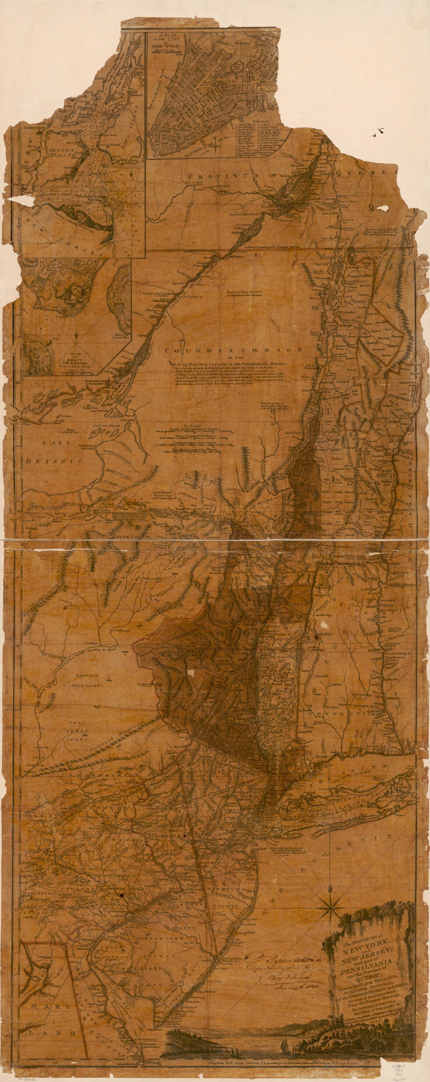 This old map of The Provinces of New York, and New Jersey; With Part of Pensilvania and the Province of Quebec. Drawn by Major Holland, Surveyor General of the Northern District In America from 1777 was created by Harry Lodowick Broenner, Henry Contger, 