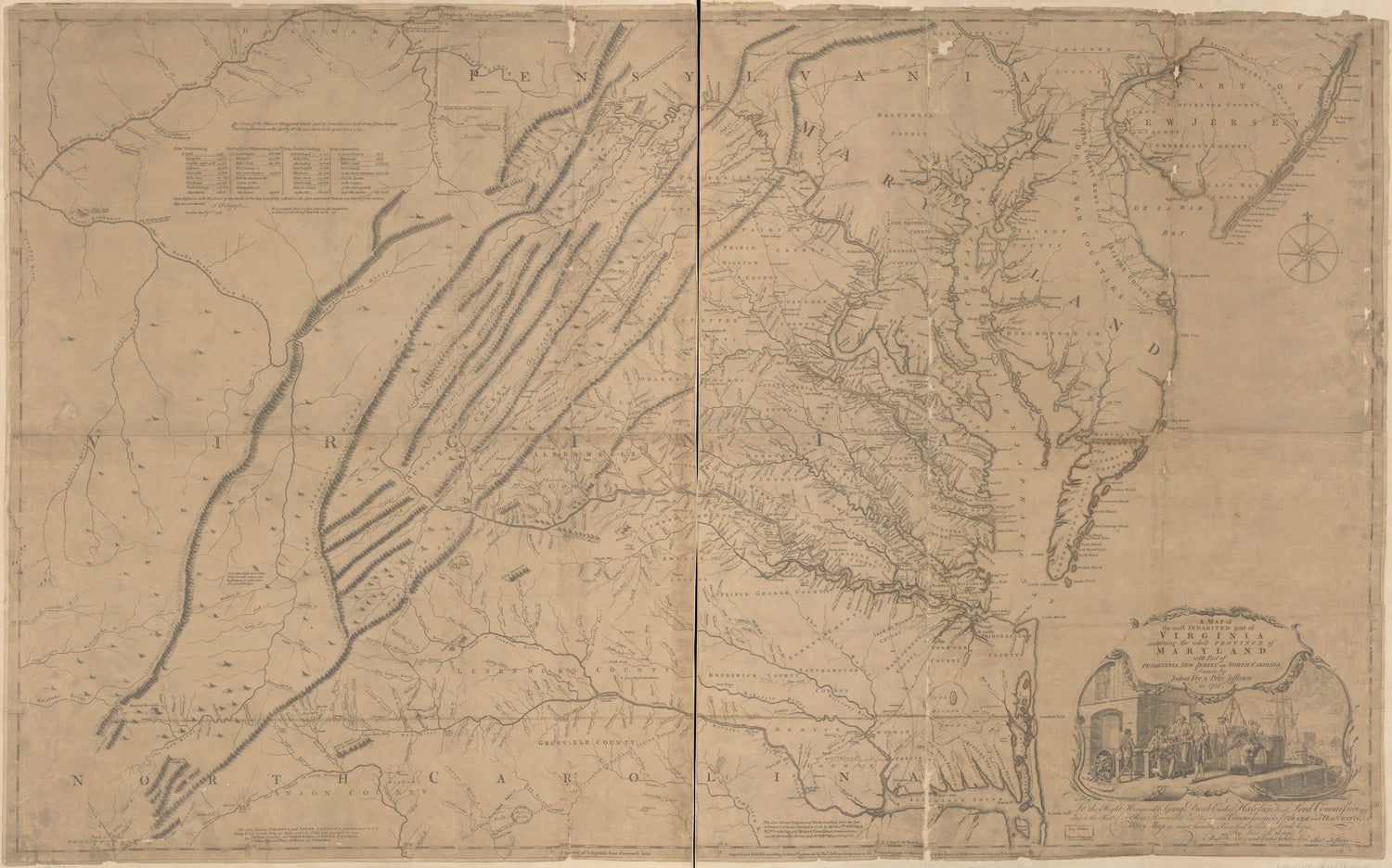 This old map of A Map of the Most Inhabited Part of Virginia Containing the Whole Province of Maryland : With Part of Pensilvania, New Jersey and North Carolina from 1755 was created by Joshua Fry, Peter Jefferson, Thomas Jefferys in 1755