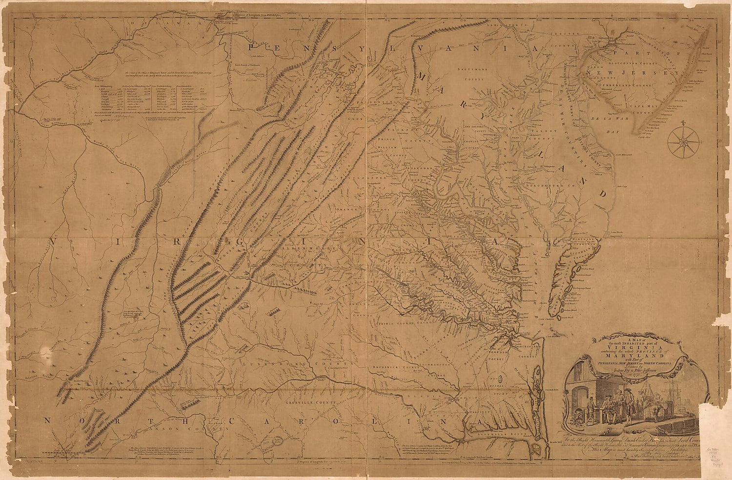 This old map of A Map of the Most Inhabited Part of Virginia Containing the Whole Province of Maryland With Part of Pensilvania, New Jersey and North Carolina from 1775 was created by Joshua Fry, Peter Jefferson, Thomas Jefferys, Robert Sayer in 1775