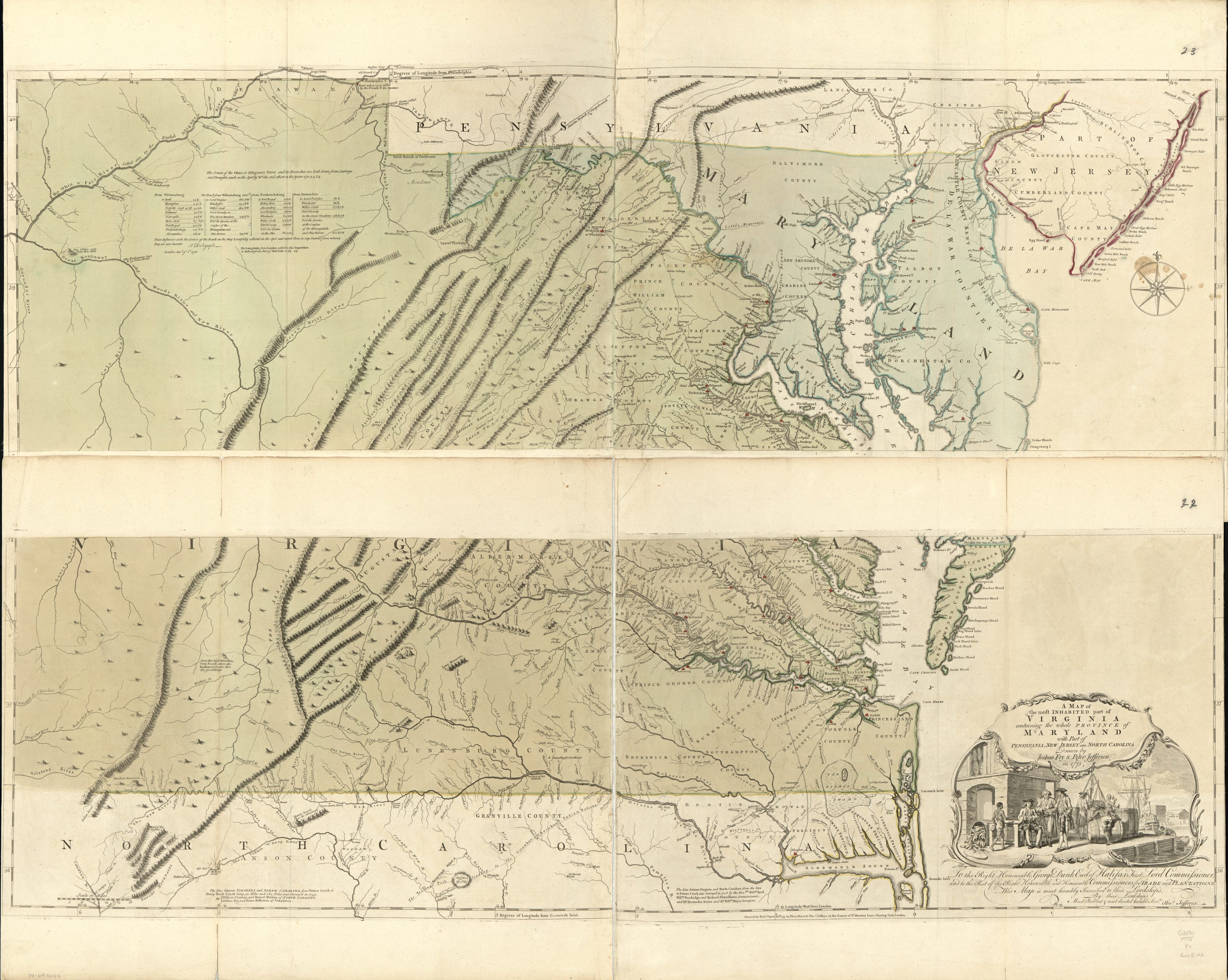 This old map of A Map of the Most Inhabited Part of Virginia Containing the Whole Province of Maryland With Part of Pensilvania, New Jersey and North Carolina from 1775 was created by Joshua Fry, Peter Jefferson, Thomas Jefferys, Robert Sayer in 1775