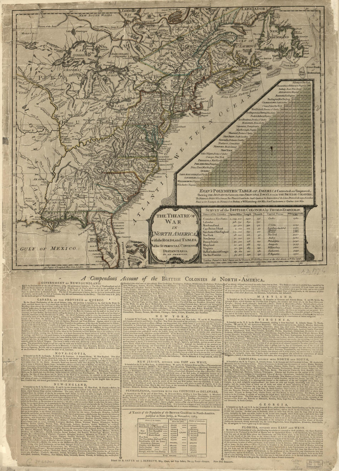 This old map of The Theatre of War In North America, With the Roads, and Tables, of the Superficial Contents, Distances, &amp;ca from 1776 was created by  Robert Sayer and John Bennett (Firm) in 1776