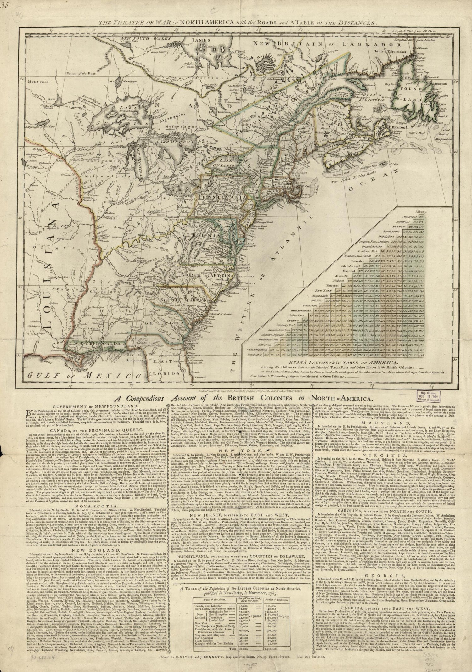 This old map of The Theatre of War In North America, With the Roads and a Table of the Distances from 1776 was created by  Robert Sayer and John Bennett (Firm) in 1776