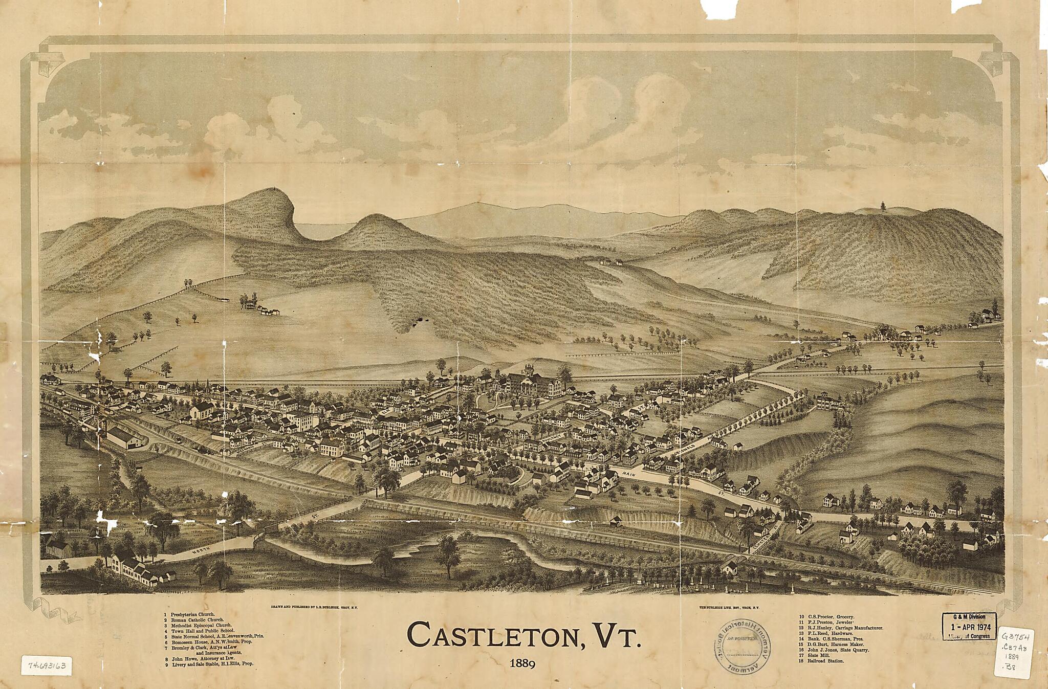 This old map of Castleton, Vermont from 1889 was created by  Burleigh Litho, L. R. (Lucien R.) Burleigh in 1889