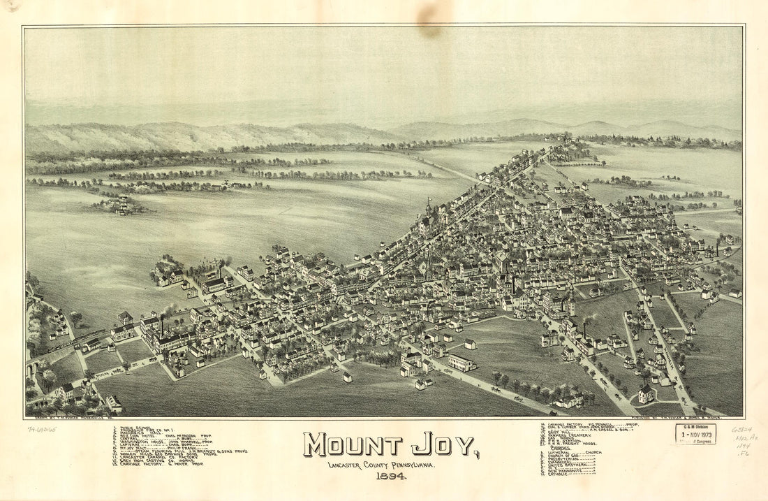 This old map of Mount Joy, Lancaster County, Pennsylvania, from 1894 was created by T. M. (Thaddeus Mortimer) Fowler, James B. Moyer in 1894