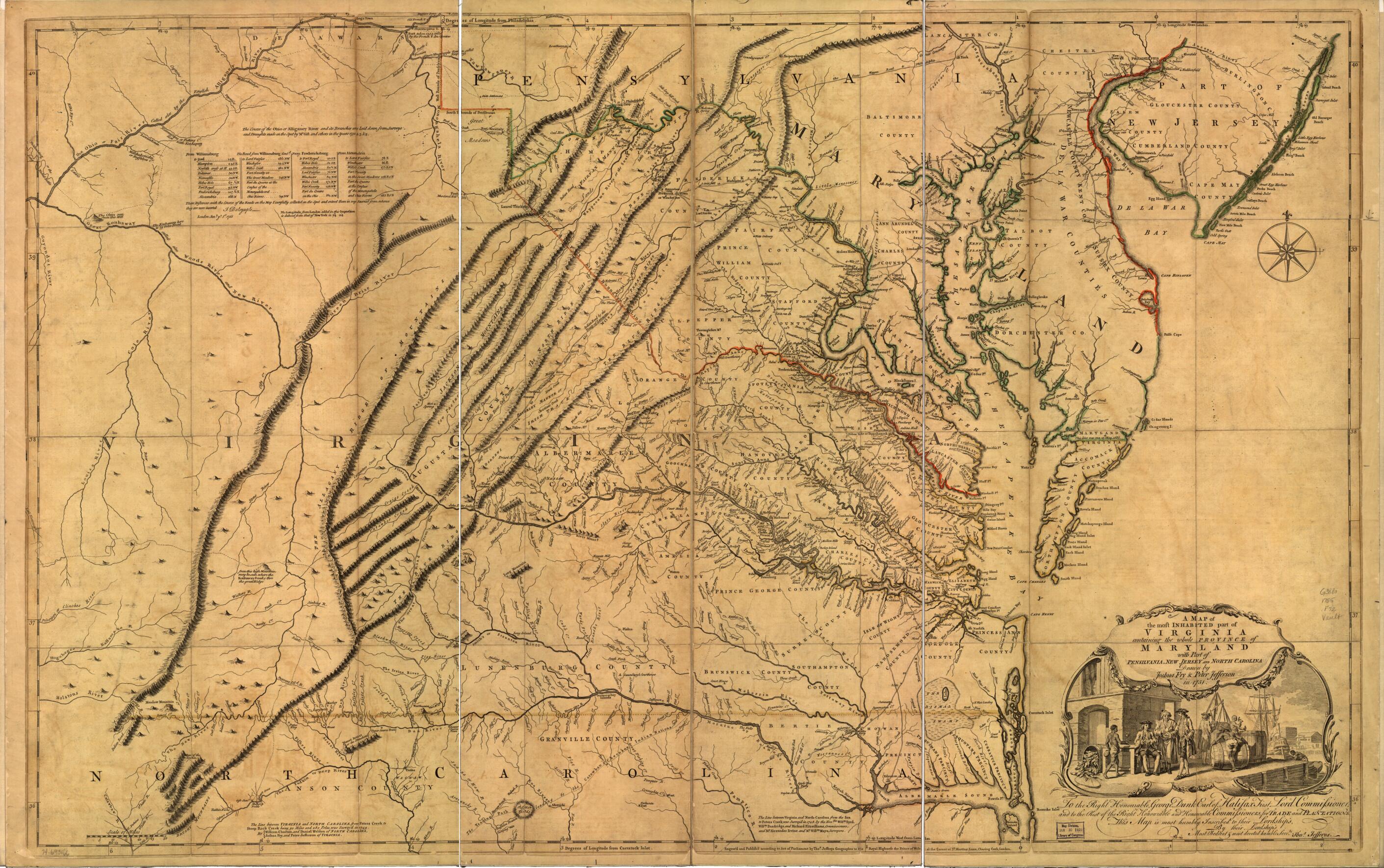 This old map of A Map of the Most Inhabited Part of Virginia Containing the Whole Province of Maryland With Part of Pensilvania, New Jersey and North Carolina from 1755 was created by Joshua Fry, Peter Jefferson, Thomas Jefferys in 1755