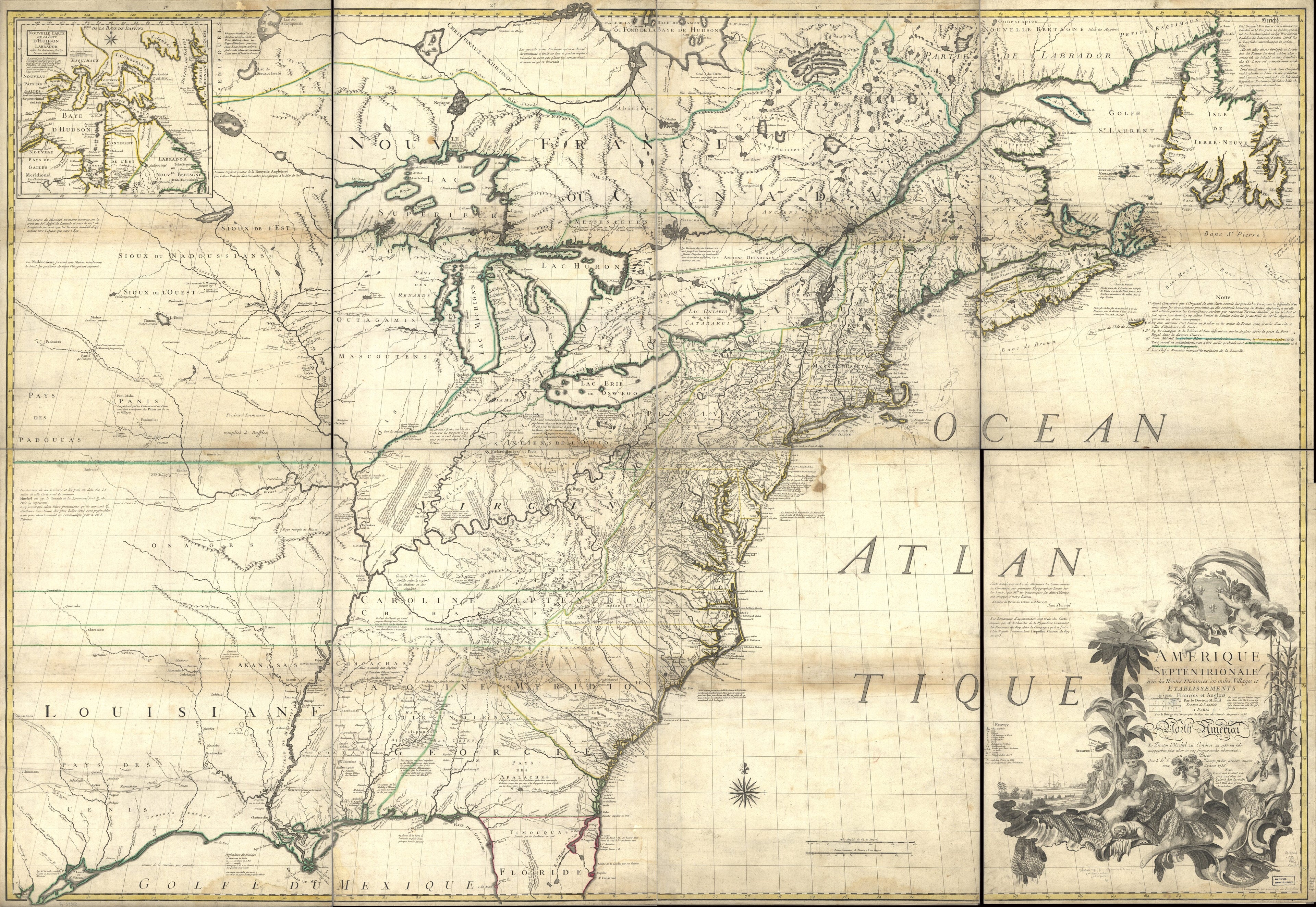 This old map of Amérique Septentrionale Avec Les Routes, Distances En Miles, Villages Et Etablissements François Et Anglois from 1756 was created by  Louis, John Mitchell in 1756