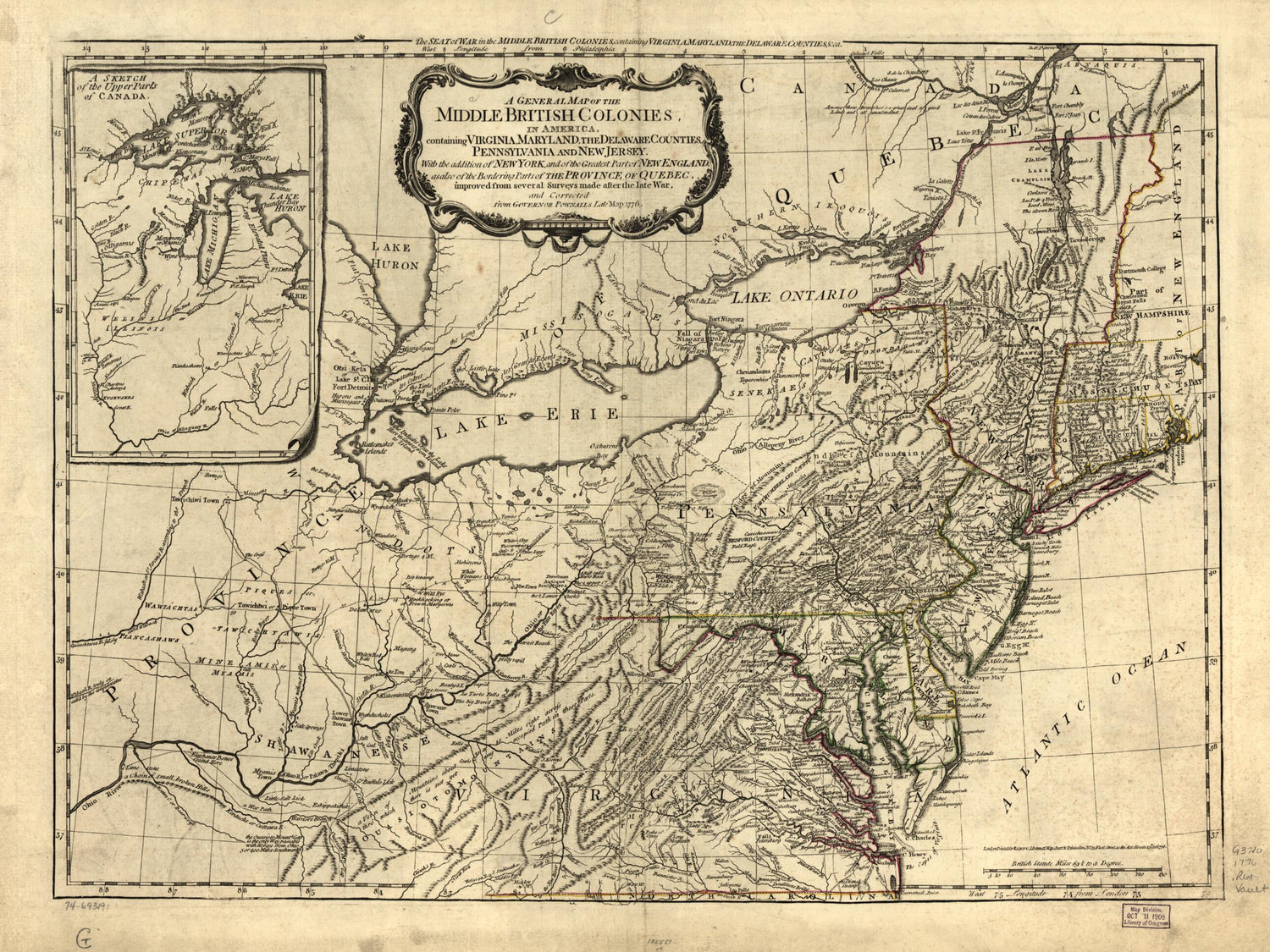 This old map of A General Map of the Middle British Colonies, In America. Containing Virginia, Maryland, the Delaware Counties, Pennsylvania, and New Jersey. With the Addition of New York, and of the Greatest Part of New England, As Also of the Bordering