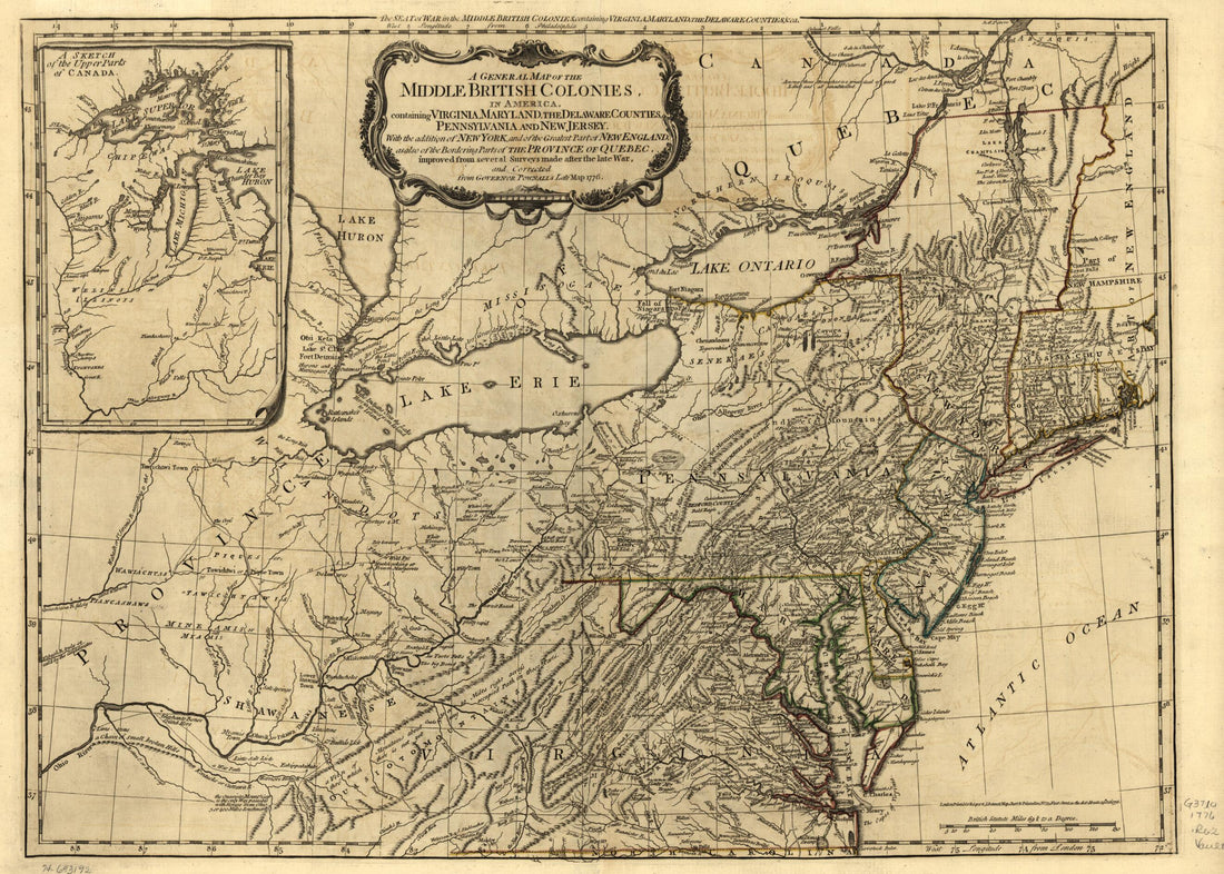 This old map of A General Map of the Middle British Colonies, In America. Containing Virginia, Maryland, the Delaware Counties, Pennsylvania, and New Jersey. With the Addition of New York, and the Greatest Part of New England, As Also of the Bordering Pa