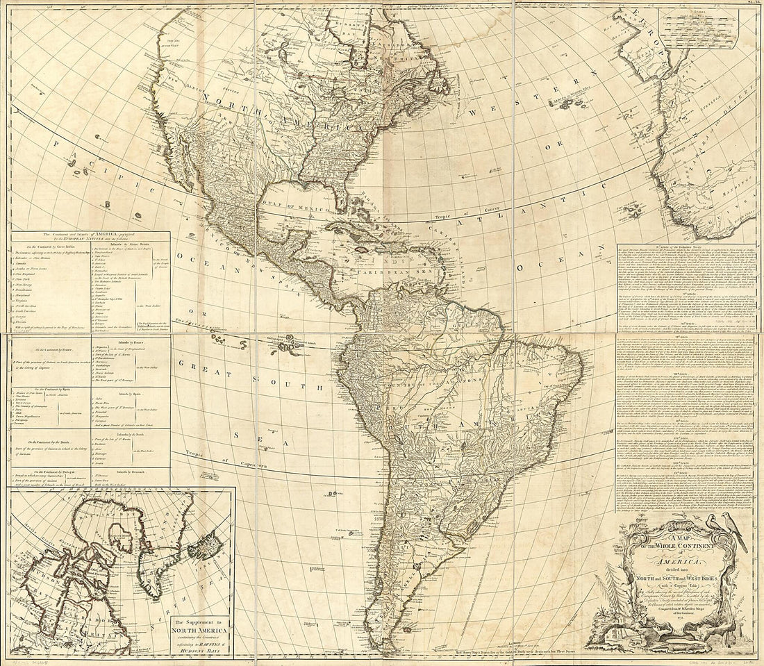 This old map of A Map of the Whole Continent of America, Divided Into North and South and West Indies With a Copius Table Fully Shewing the Several Possessions of Each European Prince &amp; State, As Settled by the Definitive Treaty Concluded at Paris Feby. 