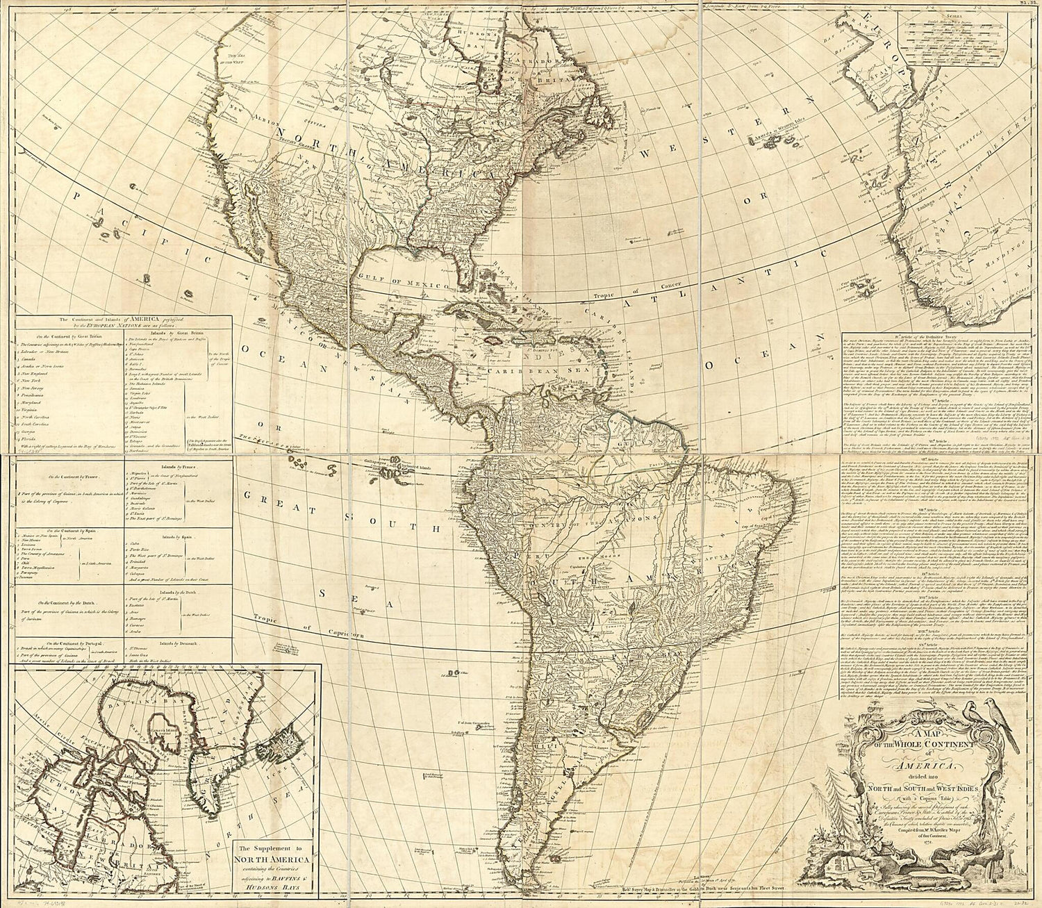 This old map of A Map of the Whole Continent of America, Divided Into North and South and West Indies With a Copius Table Fully Shewing the Several Possessions of Each European Prince &amp; State, As Settled by the Definitive Treaty Concluded at Paris Feby. 