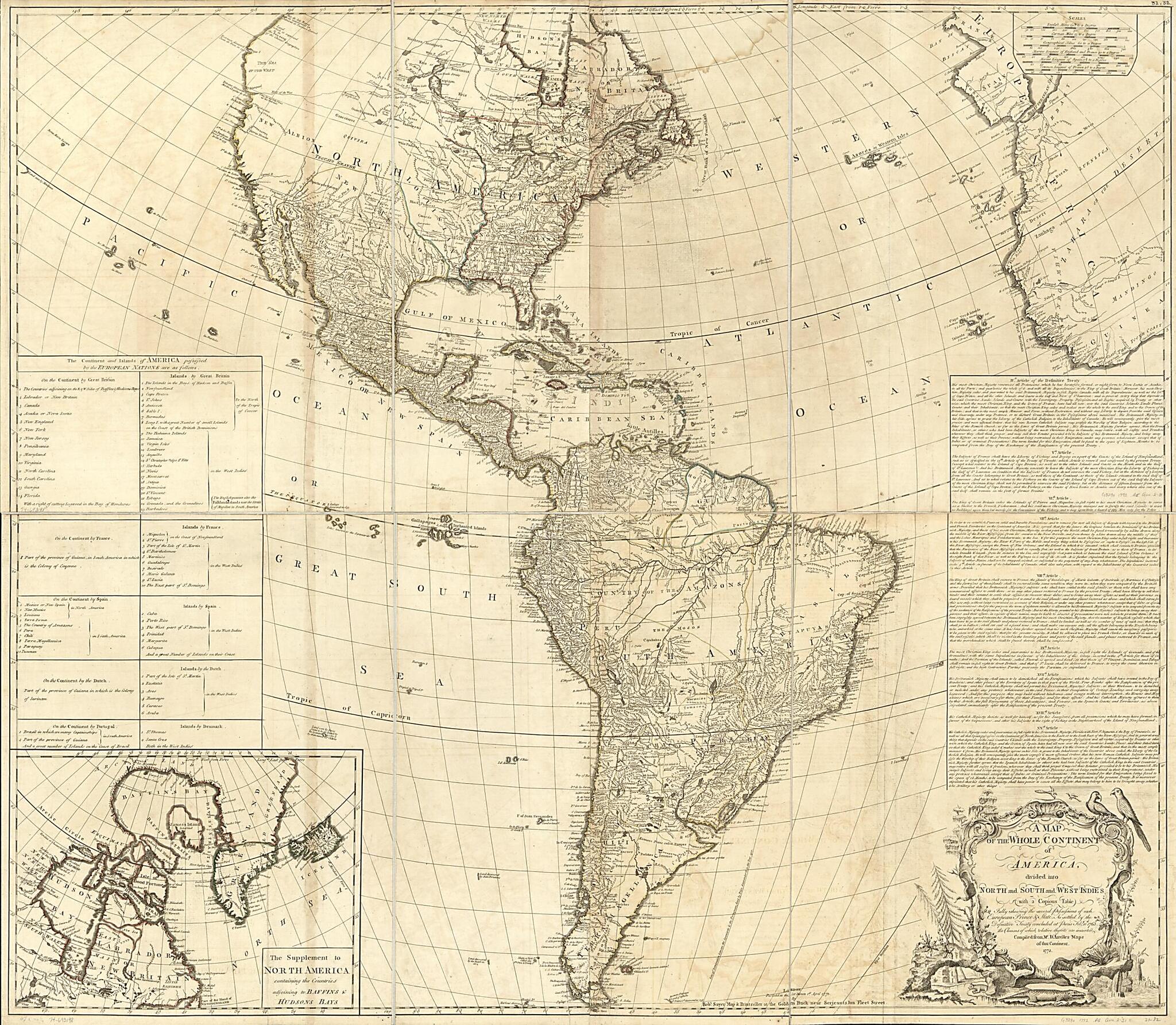 This old map of A Map of the Whole Continent of America, Divided Into North and South and West Indies With a Copius Table Fully Shewing the Several Possessions of Each European Prince &amp; State, As Settled by the Definitive Treaty Concluded at Paris Feby. 