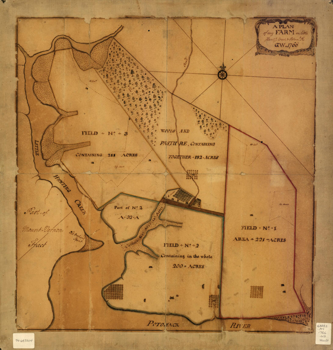 This old map of A Plan of My Farm On Little Huntg. Creek &amp; Potomk. R from 1766 was created by George Washington in 1766