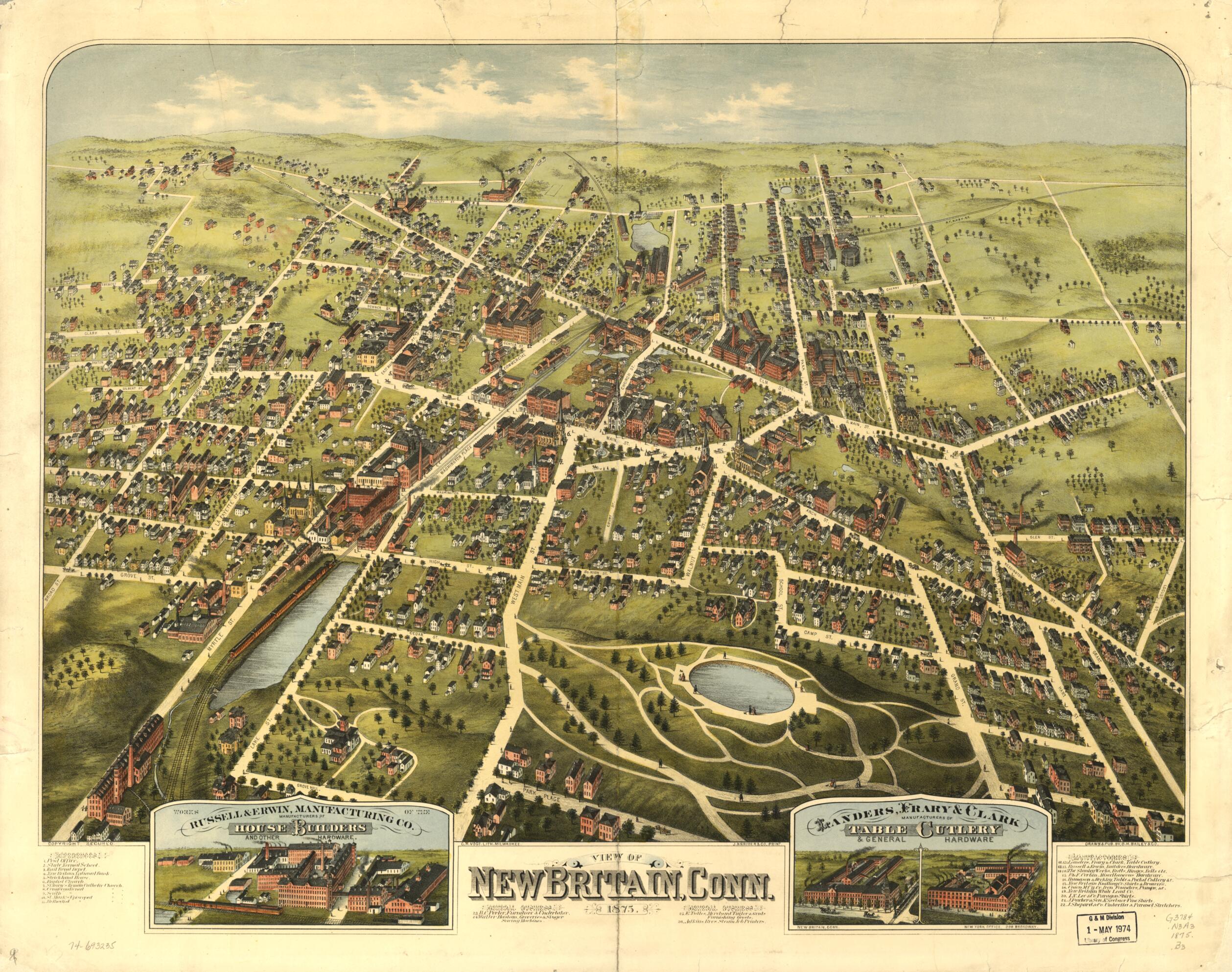 This old map of View of New Britain, Connecticut from 1875 was created by  C.H. Vogt (Firm),  J. Knauber &amp; Co,  O.H. Bailey &amp; Co in 1875