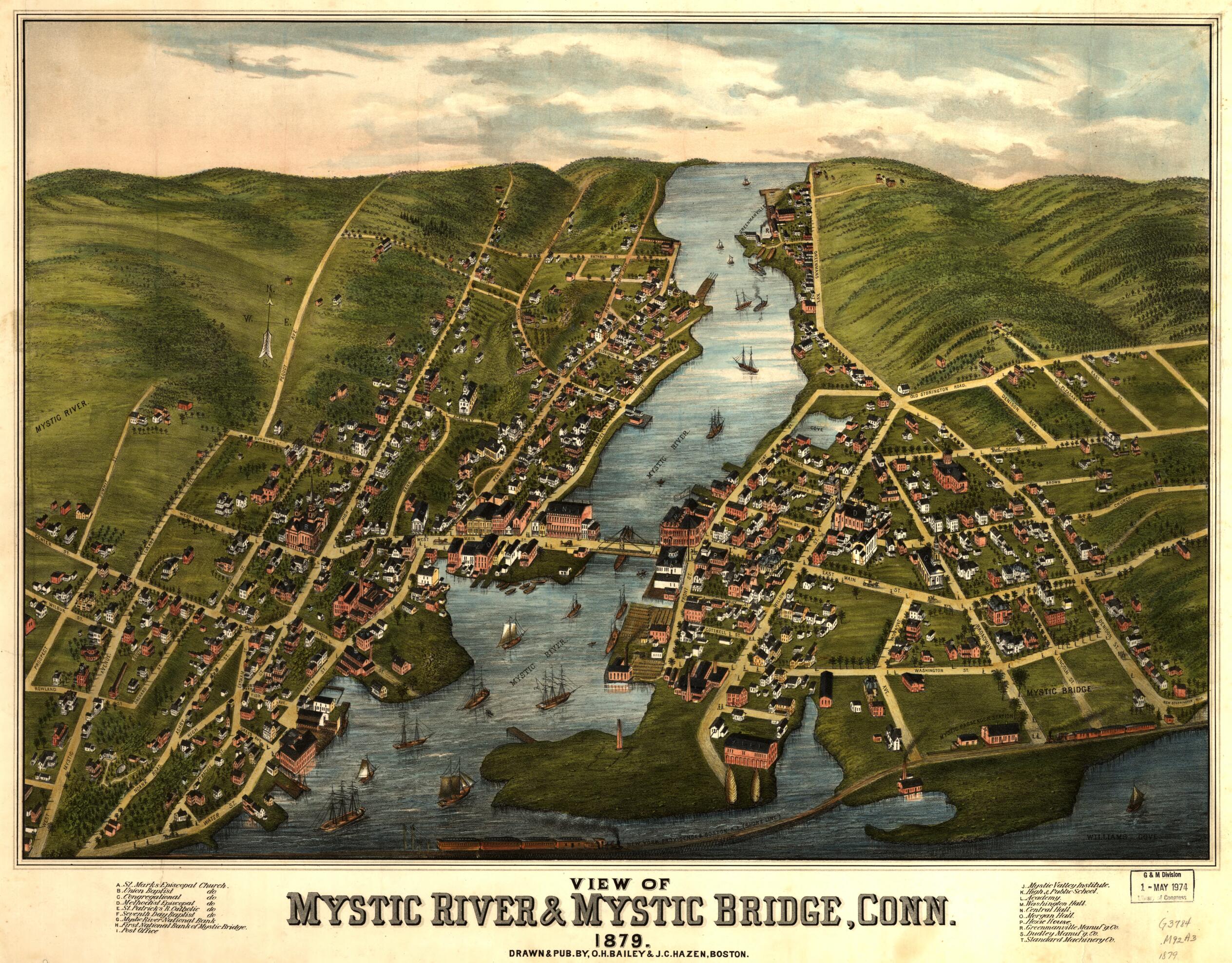 This old map of View of Mystic River &amp; Mystic Bridge, Connecticut from 1879 was created by O. H. (Oakley Hoopes) Bailey, J. C. Hazen in 1879