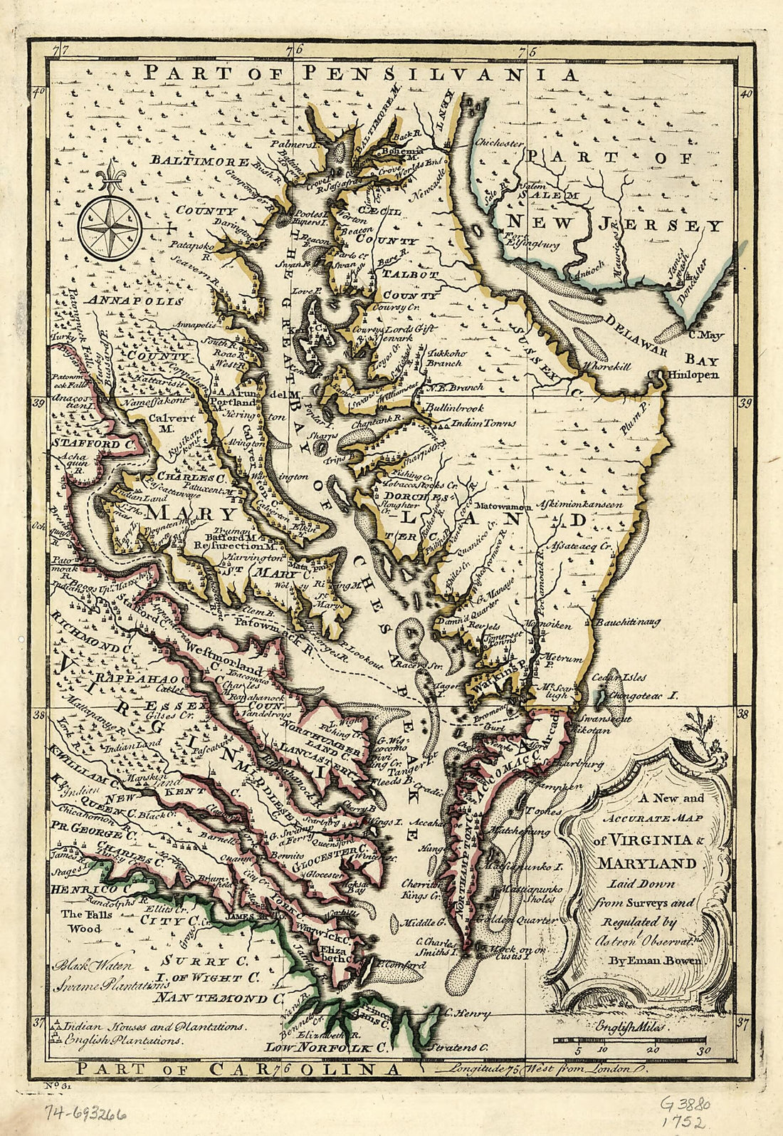 This old map of A New and Accurate Map of Virginia &amp; Maryland from 1752 was created by Emanuel Bowen in 1752