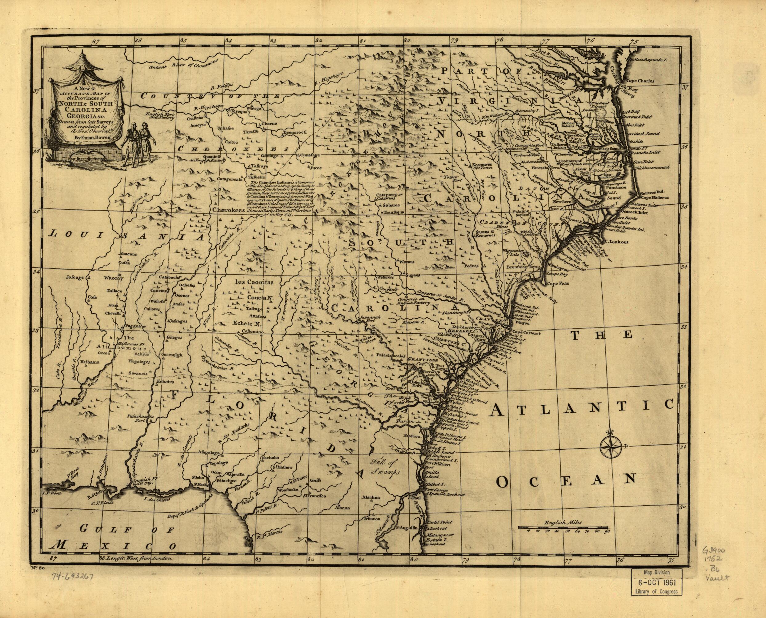 This old map of A New &amp; Accurate Map of the Provinces of North &amp; South Carolina, Georgia &amp;c from 1752 was created by Emanuel Bowen in 1752