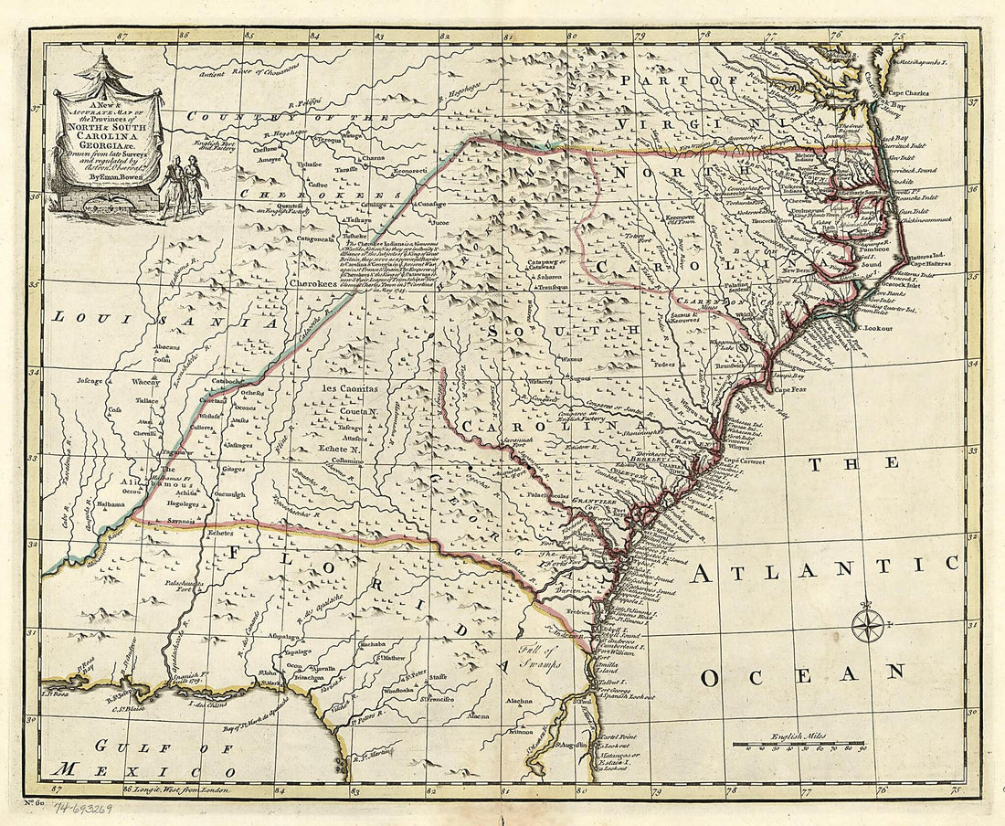 This old map of A New &amp; Accurate Map of the Provinces of North &amp; South Carolina, Georgia &amp;c from 1752 was created by Emanuel Bowen in 1752
