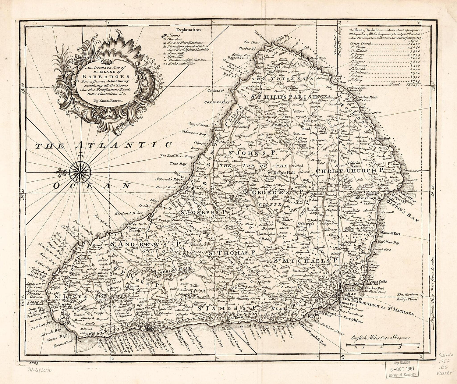 This old map of An Accurate Map of the Island of Barbadoes. Drawn from an Actual Survey Containing All the Towns, Churches, Fortifications, Roads, Paths, Plantations &amp;c from 1752 was created by Emanuel Bowen in 1752