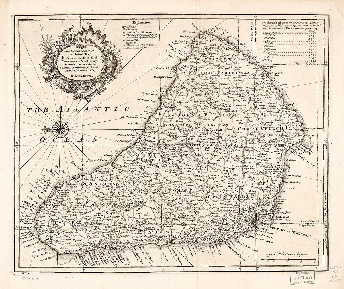An Accurate Map of the Island of Barbadoes. Drawn from an Actual Survey Containing All the Towns, Churches, Fortifications, Roads, Paths, Plantations &amp;c 1752 by Relic Map Company