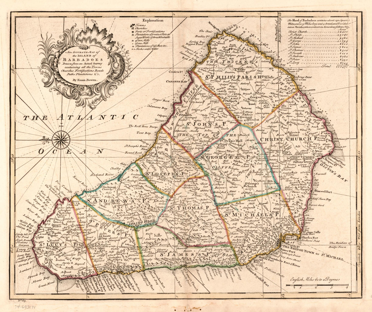 This old map of An Accurate Map of the Island of Barbadoes. Drawn from an Actual Survey Containing All the Towns, Churches, Fortifications, Roads, Paths, Plantations, &amp;c from 1752 was created by Emanuel Bowen in 1752