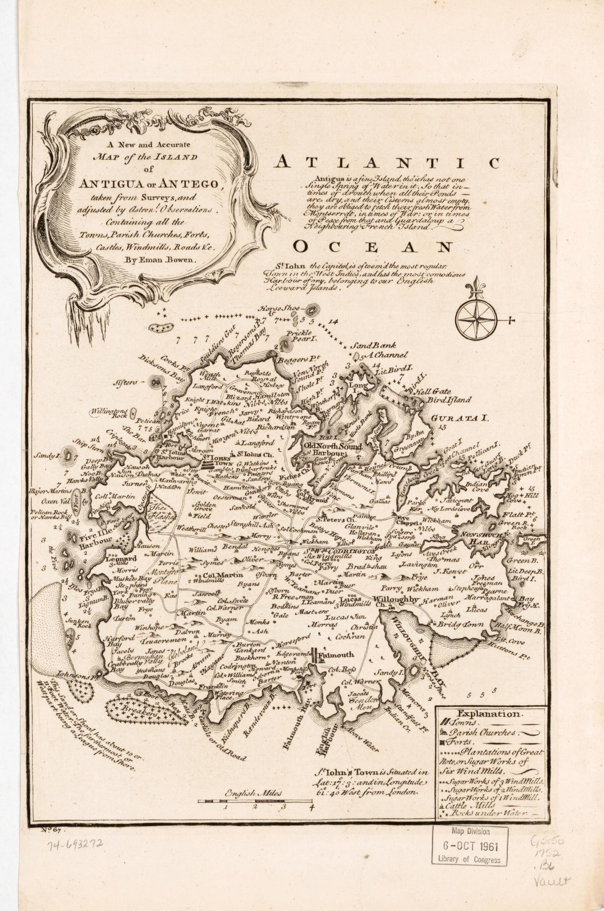 A New and Accurate Map of the Island of Antigua Or Antego, Taken from Surveys, and Adjusted by Astronl. Observations. Containing All the Towns, Parish Churches, Forts, Castles, Windmills, Roads &amp;c 1752 by Relic Map Company