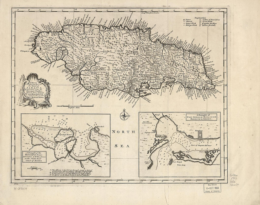 This old map of A New &amp; Accurate Map of the Island of Jamaica. Divided Into Its Principal Parishes from 1752 was created by Emanuel Bowen in 1752