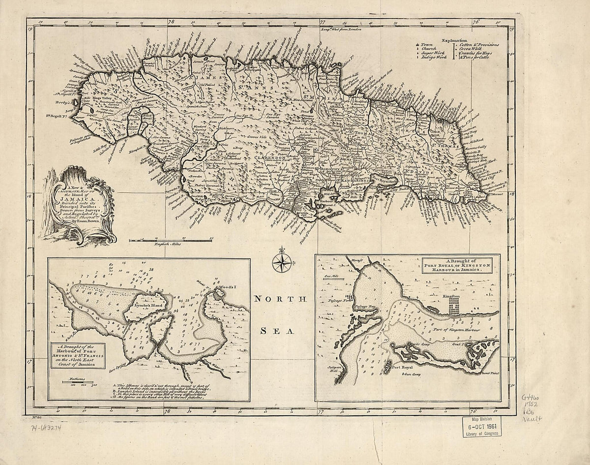 A New &amp; Accurate Map of the Island of Jamaica. Divided Into Its Principal Parishes 1752 by Relic Map Company