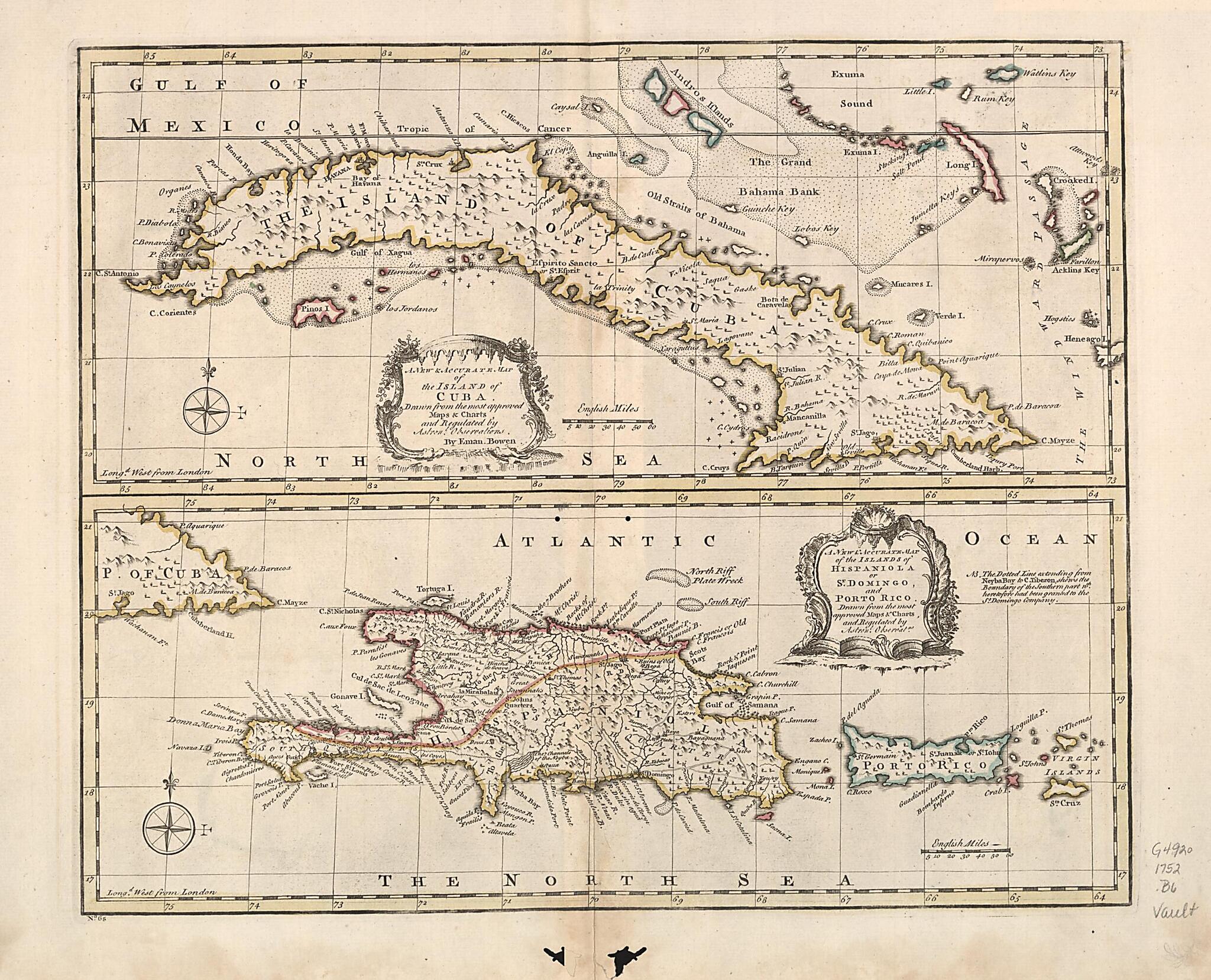 This old map of A New &amp; Accurate Map of the Island of Cuba. a New &amp; Accurate Map of the Islands of Hispaniola Or St. Domingo and Porto Rico from 1752 was created by Emanuel Bowen in 1752