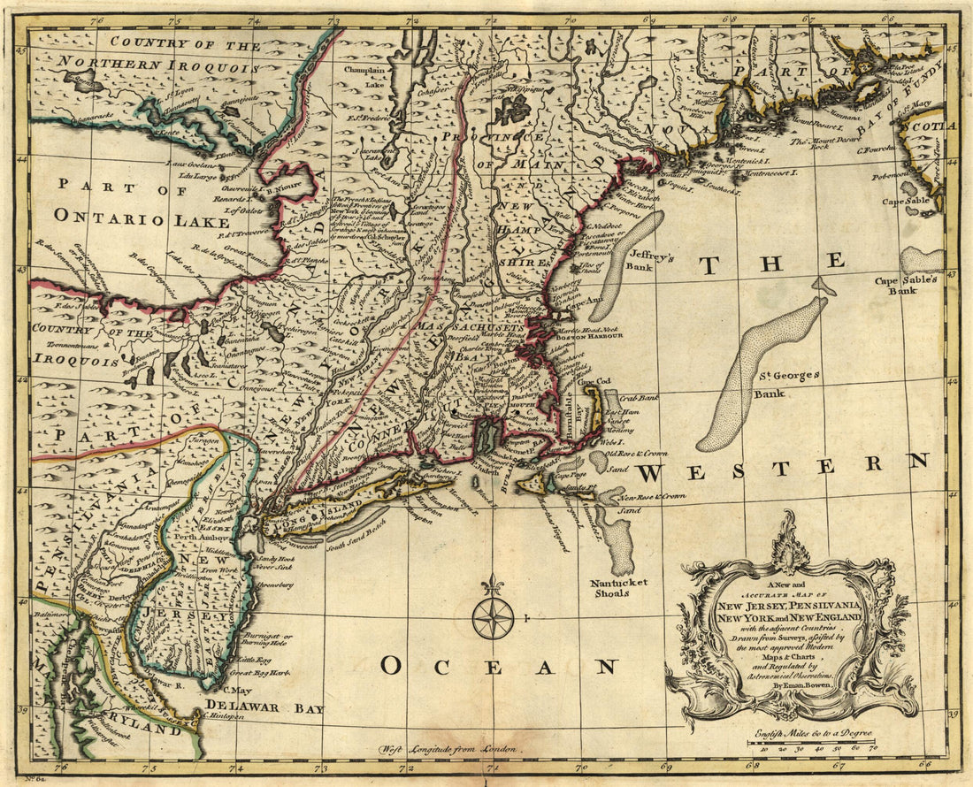This old map of A New and Accurate Map of New Jersey, Pensilvania, New York and New England With the Adjacent Countries from 1752 was created by Emanuel Bowen in 1752