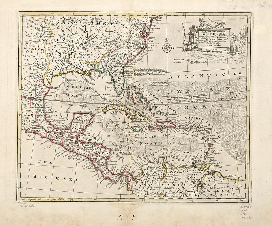 This old map of An Accurate Map of the West Indies. Drawn from the Best Authorities, Assisted by the Most Approved Modern Maps and Charts, and Regulated by Astronomical Observations from 1752 was created by Emanuel Bowen in 1752