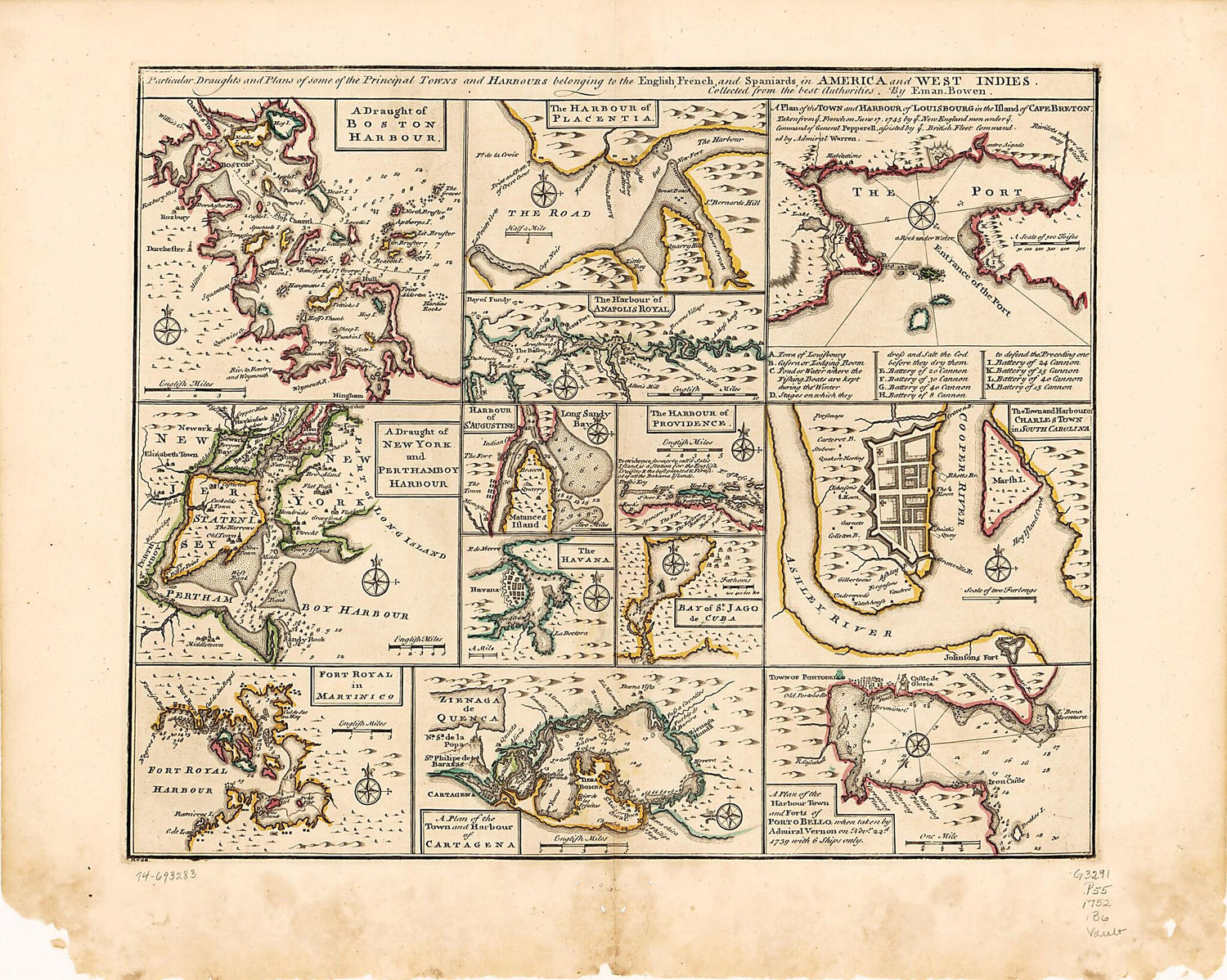 This old map of Particular Draughts and Plans of Some of the Principal Towns and Harbours Belonging to the English, French, and Spaniards, In America and West Indies from 1752 was created by Emanuel Bowen in 1752