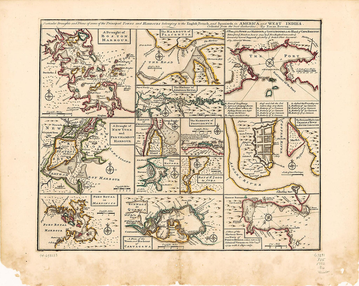 Particular Draughts and Plans of Some of the Principal Towns and Harbours Belonging to the English, French, and Spaniards, In America and West Indies 1752 by Relic Map Company