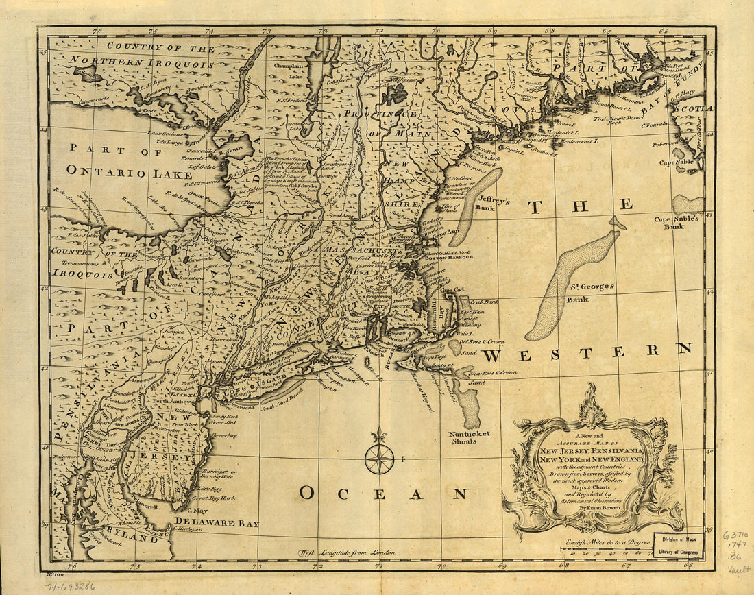 This old map of A New and Accurate Map of New Jersey, Pensilvania, New York and New England, With the Adjacent Countries. Drawn from Surveys, Assisted by the Most Approved Modern Maps &amp; Charts and Regulated by Astronomical Observations from 1747 was crea