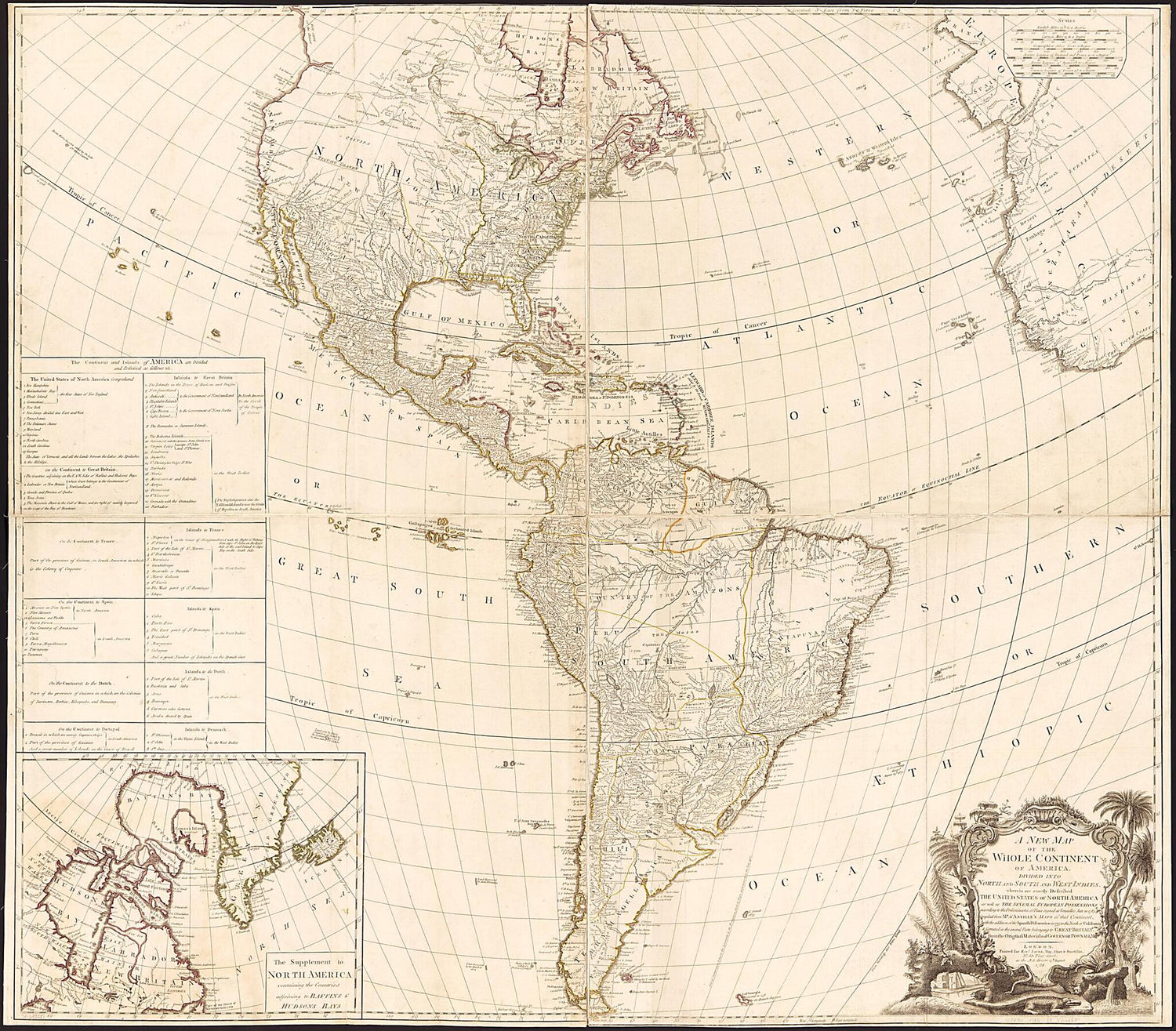 This old map of A New Map of the Whole Continent of America : Divided Into North and South and West Indies Wherein Are Exactly Described the United States of North America As Well As the Several European Possessions According to the Preliminaries of Peac