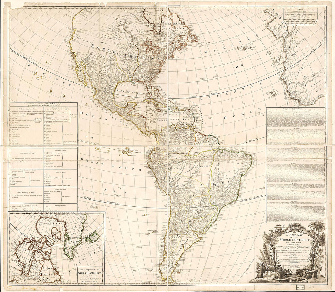 This old map of A New Map of the Whole Continent of America : Divided Into North and South and West Indies With a Descriptive Account of the European Possessions, As Settled by the Definitive Treaty of Peace, Concluded at Paris Feby. 10th. 1763 from 1777