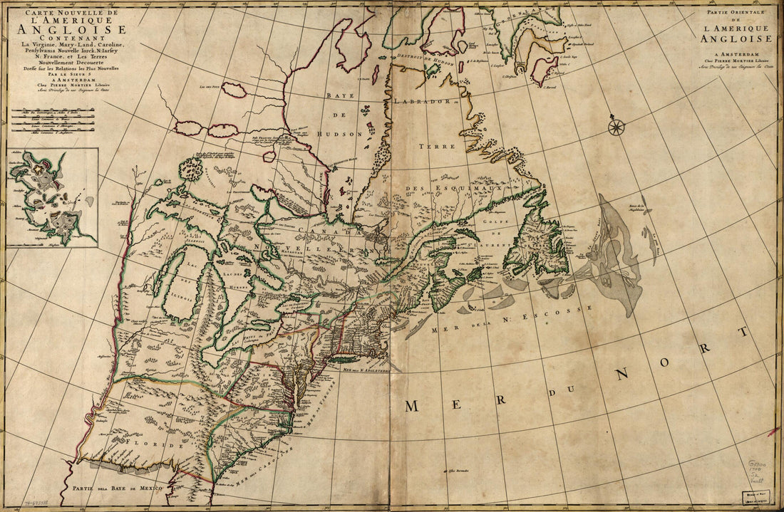 This old map of Land, Caroline, Pensylvania, Nouvelle Iorck, N:Iarsey, N. France, Et Les Terres Nouvellement Découerte Dressé Sur Les Relations Les Plus Nouvelles from 1700 was created by Pierre Mortier, Nicolas Sanson in 1700