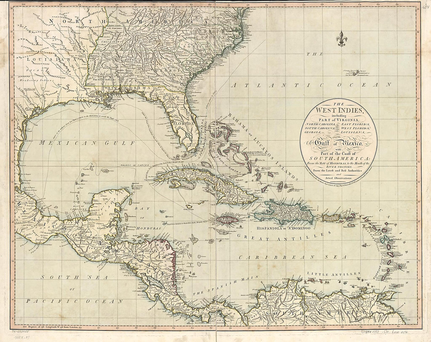 This old map of The West Indies, Including Part of Virginia, North Carolina, East Florida, South Carolina, West Florida, Georgia, Louisiana, and the Gulf of Mexico, With Part of the Coast of South America: from the Bay of Honduras, to the Mouth of the Ri