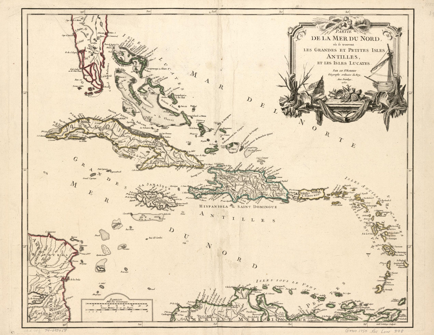 This old map of Partie De La Mer Du Nord, Où Se Trouvent Les Grandes Et Petites Isles Antilles, Et Les Isles Lucayes from 1750 was created by G. De La Haye, Gilles Robert De Vaugondy in 1750