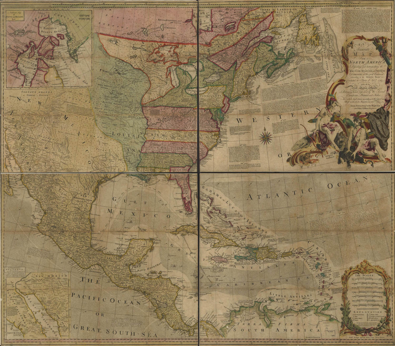 This old map of An Accurate Map of North America. Describing and Distinguishing the British, Spanish and French Dominions On This Great Continent; According to the Definitive Treaty Concluded at Paris 10th Feby. from 1763. Also All the West India Islands