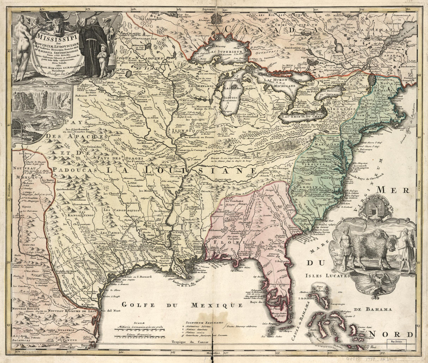 This old map of Amplissimæ Regionis Mississipi Seu Provinciæ Ludovicianæ â R.P. Ludovico Hennepin Fransisc. Miss In America Septentrionali Anno 1687 from 1759 was created by  Homann Erben (Firm), Johann Baptist Homann in 1759