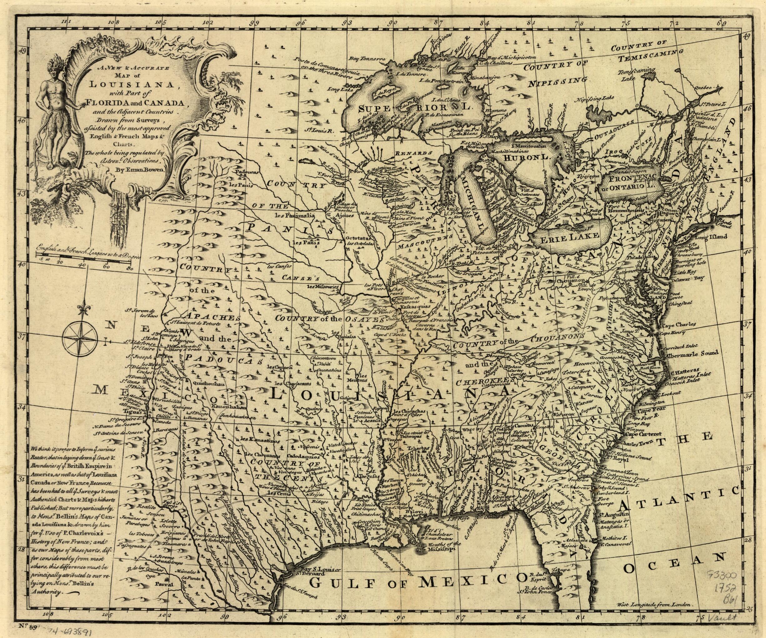 This old map of A New &amp; Accurate Map of Louisiana, With Part of Florida and Canada, and the Adjacent Countries from 1752 was created by Emanuel Bowen in 1752