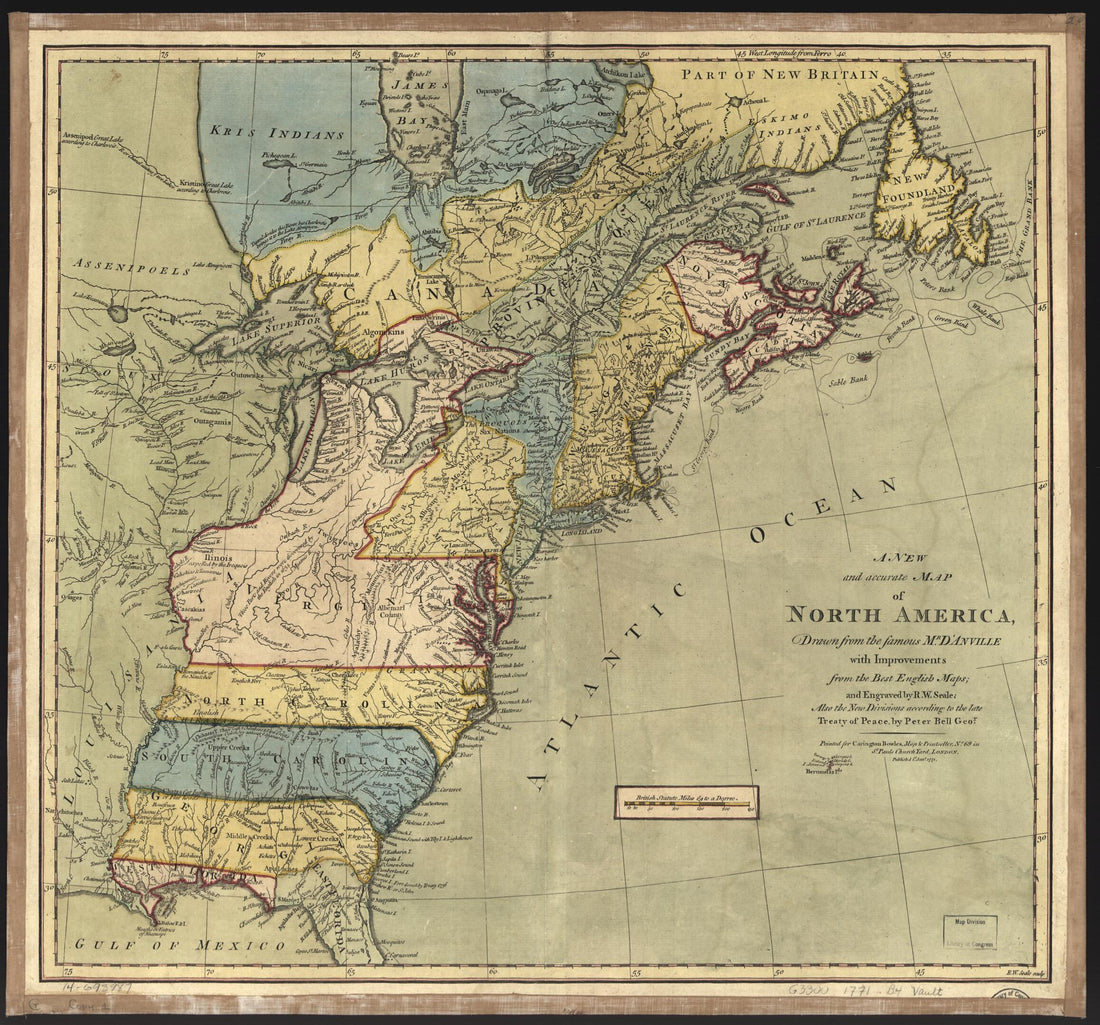 This old map of A New and Accurate Map of North America from 1771 was created by Jean Baptiste Bourguignon D Anville, Peter Bell, Carington Bowles, Richard William Seale in 1771