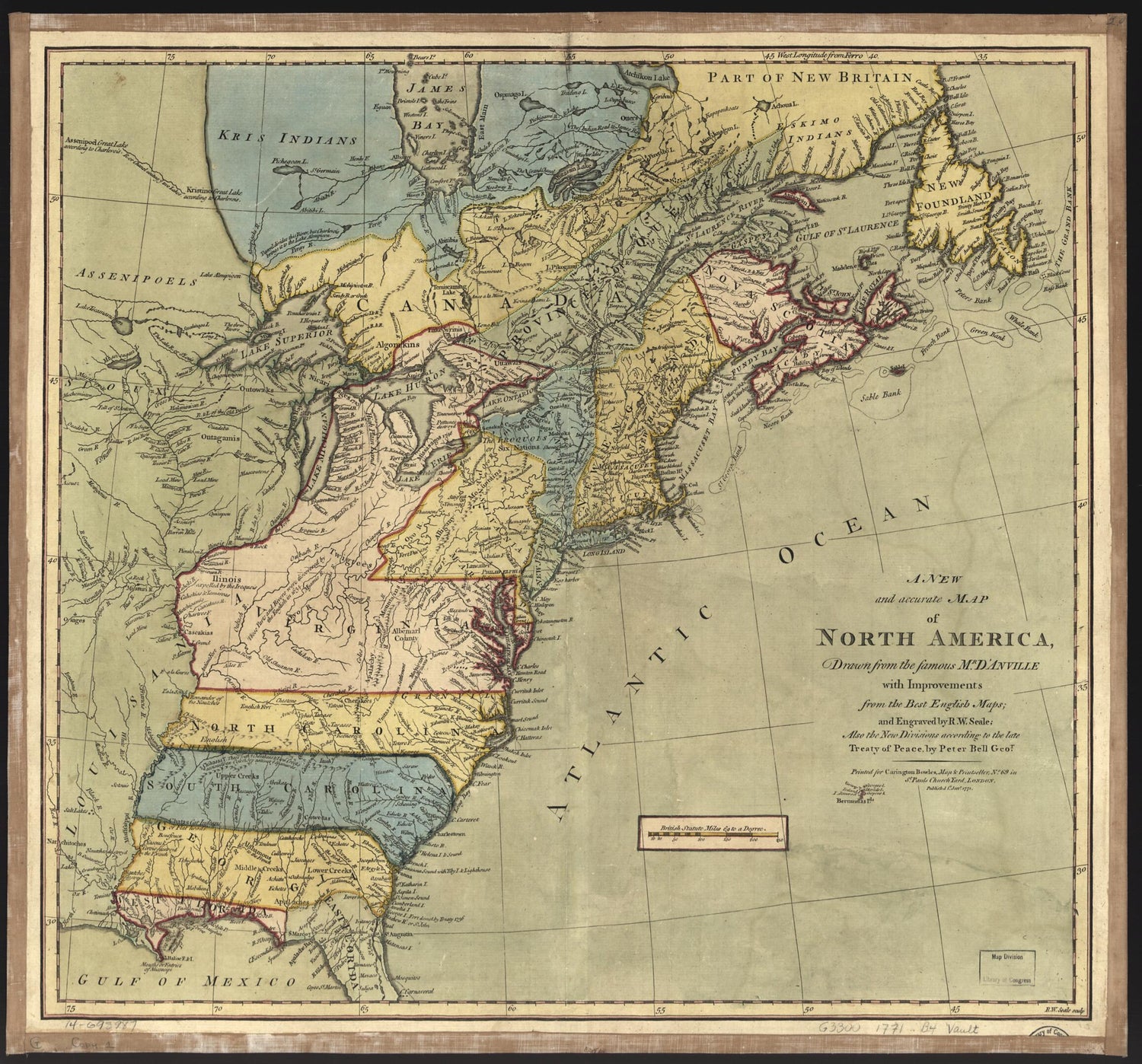 This old map of A New and Accurate Map of North America from 1771 was created by Jean Baptiste Bourguignon D Anville, Peter Bell, Carington Bowles, Richard William Seale in 1771