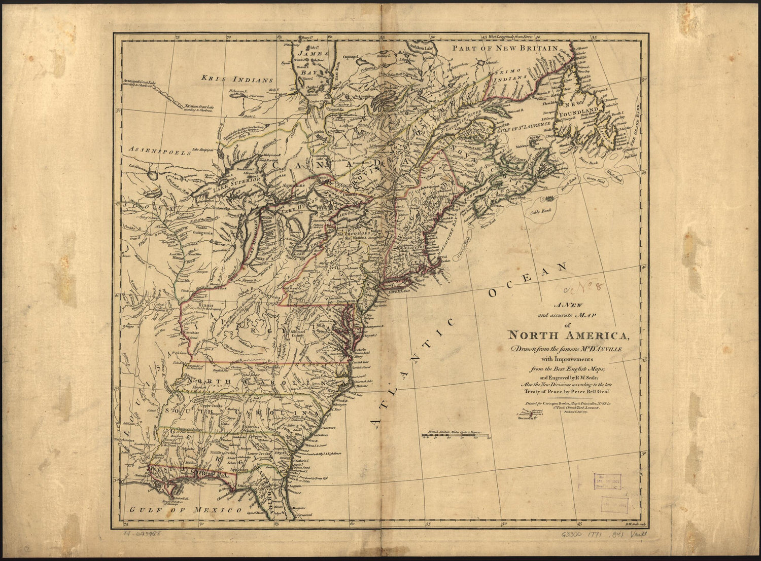 This old map of A New and Accurate Map of North America from 1771 was created by Jean Baptiste Bourguignon D Anville, Peter Bell, Carington Bowles, Richard William Seale in 1771